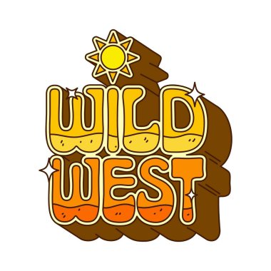 Batı ve Vahşi Batı eski moda tipografisi. Güneş gölgesi ve kum dokusuyla Amerikan tipografisi, ABD Vahşi Batı antika, antika vektör yaması. ABD Batı karikatür etiketi veya dekorasyonu