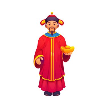 Çin Yeni Yıl 'ında Refah Tanrısı' nın yeni yıl karakteri, vektör Asya sembolü. Çin 'in yeni yıl zenginlik tanrısı ya da Caishen' in altın kolyesi ya da serveti ve şansı için altın külçesi.