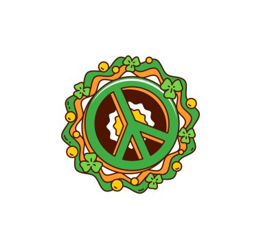 Çizgi film süper hippi Aziz Patrick 'in yeşil yonca yonca çelengi ile çevrili barış sembolü. 60 'lar ve 70' lerden esinlenilmiş vektör retro İrlanda bayram tabelası, y2k nostaljik çiçek desenli barış rozeti