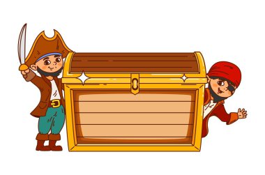 Korsan ve Korsan Hazinesi çocuklar için not çerçevesi. Günlük sayfa vektör hazine avı etiketi, planlayıcı çocuklar not defteri. Korsan oğlanlarla korsanlık etiketi Komik denizciler ve hazine sandığı
