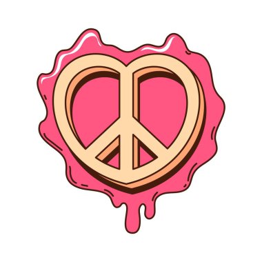 Sevgililer Günü hippi barış işareti çizgi film sticker 'ı. Romantik bayram modası etiketi, aşk günü komik vektör etiketi. Pasifiğin barış sembolü ve damlayan pembe boyasıyla Sevgililer Günü kutlamaları.