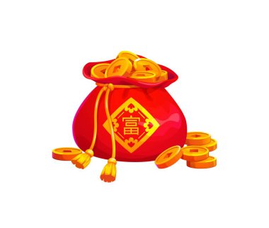 Altın sikkelerle dolu Çin Yeni Yılı 'nın şanslı para çantası. Altın hiyeroglifle süslenmiş kırmızı, şenlikli cüzdan, zenginlik ve zenginlik anlamına geliyor. Refahın mutlu çizgi film sembolü