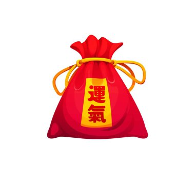 Asya 'da ay tatili için Çin Yeni Yıl şanslı kesesi, vektör ikonu. Çin şanslı kesesinde hiyeroglifli yeni yıl dileği ya da Feng Shui hebao zenginlik, servet ve refahın sembolü.