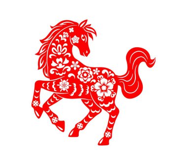 Çiçekli süs desenleriyle süslenmiş Çin kırmızı kâğıdı at kesimi. Geleneksel Ay Yeni Yılı Zodyak hayvan sembolü refah, mutluluk ve ilkbaharı temsil ediyor. Oriental vektör retro Asya sanatı