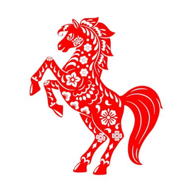 Papercut Çin Yeni Yıl kırmızı at, çiçek desenli Asya CNY burcu sembollü. Dinamik duruş içinde vektör kısrak veya aygır silueti, 2026 Asya Yeni Yılı 'nın şenlikli zodyak sembolü
