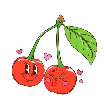 Çizgi filmlerdeki gibi harika karakterler tatlı bir anda ortaya çıktı. Hippie funky vektör kişilikleri yanaktan öpüyor. Retro çıkartmalar, eğlenceli emojiler, eğlenceli ürünler ya da neşeli baskılar için garip bir sembol.