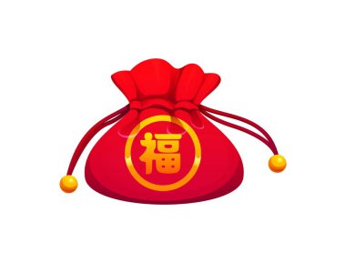 Çin hiyeroglifiyle süslenmiş kırmızı şanslı para çantası iyi şans ve refah anlamına gelir. Çizgi film vektörü şenliği Ay Yeni Yıl Şenliği. İçinde ipler, zenginliğin sembolü, Asya kültüründe mutluluk olan bir çanta.