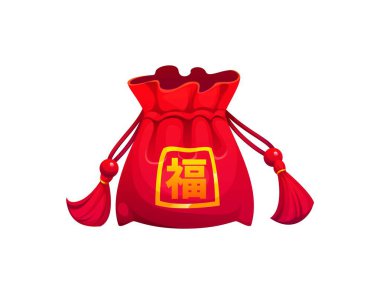 Çin kırmızı şanslı para çantası Çin hiyeroglifi ile süslenmiş iyi şans ve refah anlamına gelir. Ay Yeni Yıl Şenlik Kesesi püsküllü, Asya 'da zenginliğin ve mutluluğun vektör sembolü.