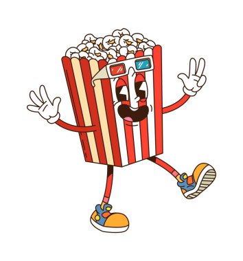 Film ya da sinema eğlencesi için nefis patlamış mısır kovası komik karakter, çizgi film vektörü. Eski moda patlamış mısır ya da sinema filmi abur cubur karakteri. Üç boyutlu gözlüklü, komik suratlı, gülen ya da gülümseyen.