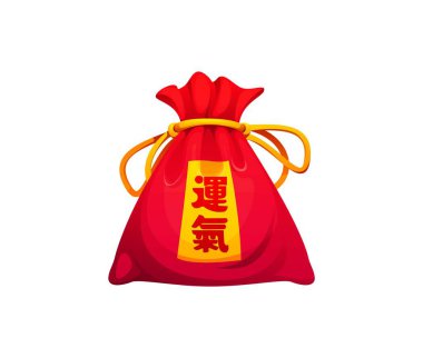 Altın sikkelerle dolu kırmızı Çin servet kesesi. Asyalı şanslı para çantası, Ay yeni yılı mutlu cüzdanı, kordonla bağlanmış, hiyeroglifle süslenmiş şans, refah ve Asya kültüründe iyi şans anlamına geliyor.