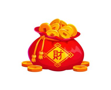 Çin çizgi filminde uğurlu para çantası. Altın sikke ve külçelerle dolu kırmızı talih kesesi. CNY için Asya malı mutlu cüzdan, zenginliğin ve refahın şanslı bir sembolü. Zenginlik için Çin çantası.