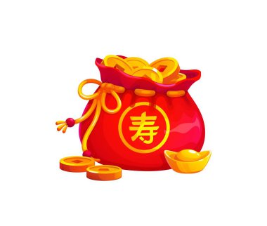 Çinli şanslı para çantası, altın sikkeler ve külçelerle dolu bir servet kesesi, Asyalı mutlu cüzdan. Ay Yeni Yılı için vektör kırmızı ipek kesesi veya paket, zenginliğin sembolü ve tebrik kartı için iyi bir nimet.