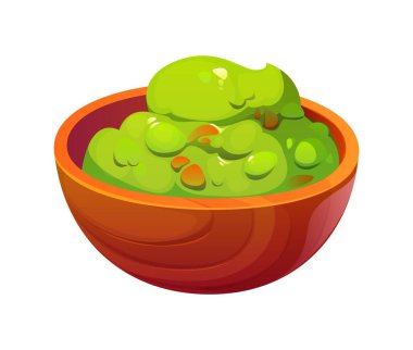 Meksika guacamole veya geleneksel sos sosu bayram şenliği için, çizgi film vektörü. Avokado sosu ve Meksika mutfağı baharatı Cinco de Mayo ve Meksika Ulusal Günü yemekleri için.