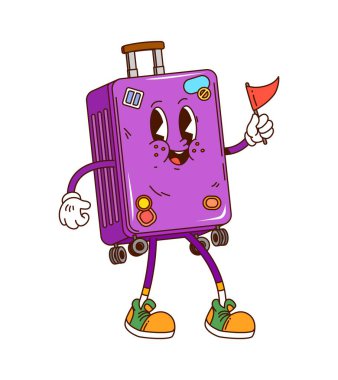 Hippi modası geçmiş seyahat valizi karakteri neşeli yüzlü, kırmızı bayraklı ve retro spor ayakkabılı seyahat macerasına hazır. Çizgi film vektör bagaj vintage kişiliği geniş bir gülümseme ile
