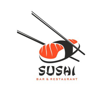 Geleneksel somon balığı suşi amblem vektör simgesi, Japon restoran sembolü. Bir parça somon nigiri suşi ve pirinçli bir çift sade siyah çubuk. Japon mutfağı, deniz ürünleri etiketi