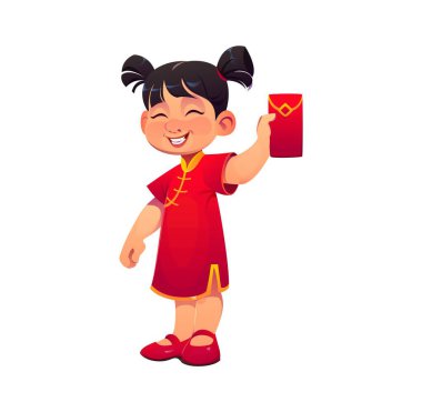 Çinli yeni yıl çocuğu ya da Hongbao kırmızı zarflı Asyalı tatil karakteri, çizgi film vektörü. Geleneksel Hanfu elbisesi içinde küçük bir kız çocuğu. CNY festivali için hediye zarfıyla.