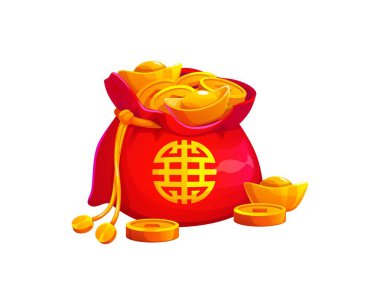 Çin çizgi filminde uğurlu para çantası, altın sikkeler ve külçelerle dolu servet kesesi, Asya 'da mutlu cüzdan. Mutlu Asya Yeni Yılı kutlamaları ya da şenlikli web siteleri için içi altın sikkelerle dolu vektör cüzdanı