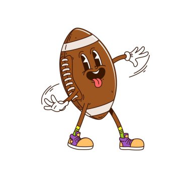 Çizgi film süper ragbi topu ya da spor hippi karakteri, komik vektör emojisi. Komik yüzlü harika bir ragbi topu ve dilsiz aptal bir gülümseme ve y2k funky rugby topu için tuhaf bir ifade.