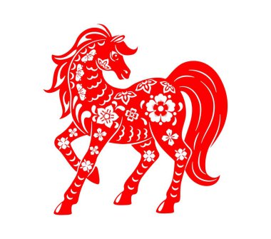 Çin Yeni Yıl Atı kutlamalı kağıt kesiği. Muhteşem kuyruğu ve yelesi olan kırmızı at toynağına basıyor. Geleneksel Çin sembolü. Çiçek ve tatil süslemeleri için dalga desenleri var.