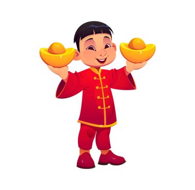 Çinli yeni yıl çocuğu, Asyalı tatil karakteri. Çizgi film çocuğu mutlu çocuk geleneksel kırmızı bayram kıyafeti içinde elinde altın külçeler, iyi şans ve refahın sembolü olan Çin 'in
