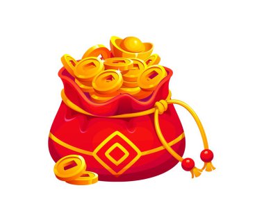 Çin kırmızı şanslı para çantası ya da altın sikkeli servet kesesi, vektör Asya cüzdanı. Hebao şanslı kesesi ya da içinde bozuk para ve yuanbao sycee olan mutlu çanta ya da Çin Yeni Yılı için altın külçesi