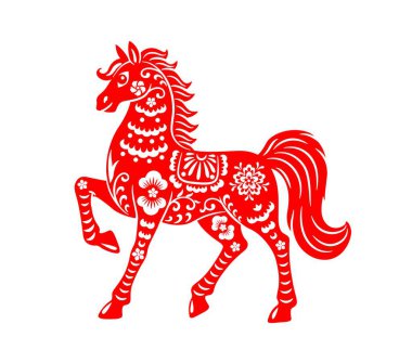 Papercut Çin Yeni Yıl Atı. Karmaşık çiçekler, fırfırlar, taç yaprakları, noktalar ve girdaplarla süslenmiş canlı kırmızı bir hayvan. Festivalsel dekorasyonlar veya kültürel projeler için süslemeli vektör tasarımı