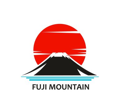 Japon Fuji dağ zirvesi simgesi, siyah tepe, kırmızı doğan güneş ve mavi su elementleri. Vektör amblemi seyahat şirketleri, tatil ve kültür şirketleri için en az Japon tasarımı içeriyor