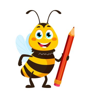 Kalem bal arısı ya da eşekarısı karakteri. Arı, yaban arısı ya da eşek arısı sevimli karakter, çiftlik bahçesi böceği bebek neşeli vektör izole kişiliği. Bal arısı öğrenci komik çizgi film maskotu