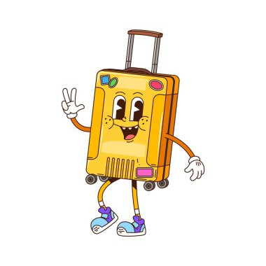 Çıkartmalarla kaplı komik sarı bavul karakteri mutlu bir gülümsemeyle mavi mor spor ayakkabılarla yürüyor. Moda vektör hippi seyahat maskotu seyahat markası, tatil etiketleri