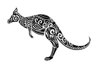 Maori kanguru hayvan kabilesi dövmesi. İzole vektör Polinezya, Hawaii, Tiki, Tahiti veya Samoa etnik sanatı, keseli hayvan savaşçısı işareti. Yeni Zelanda kültür totemi sembolü, yazdırma veya motifi