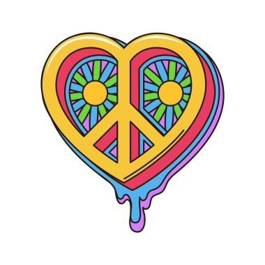 Karikatür çizgi filminde hippi barış sembolü, çiçekli, vektör aşk işareti. Hippi sanatında olumlu titreşimler ve iyi ruh hali emojisi için barış işareti, güneş ya da papatya çiçekli eski moda korku sembolü.