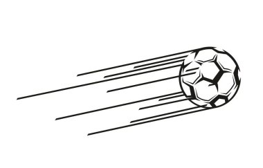 Futbol maçı uçan top hareketi elementi. Futbol topu, uzun hareketli grafikler, futbol, hız hareketi, monokrom vektör sembolü. Spor oyunu vuruşu siyah işareti ya da spor kulübü amblemi
