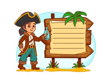 Pirate kids memo note frame with corsair sailor character, cartoon vector message label. Kids memo note sticker or notepad paper sheet with Caribbean pirate boy or girl captain with message in bottle