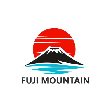 Japon Fuji dağ zirvesi ikonu. Minimalist vektör amblemi yükselen bir güneşle Fuji Dağı 'nı tasvir ederek Japon ikonik manzarasını sembolize ediyor. Seyahat markaları veya turizm tanıtımları için klasik tasarım