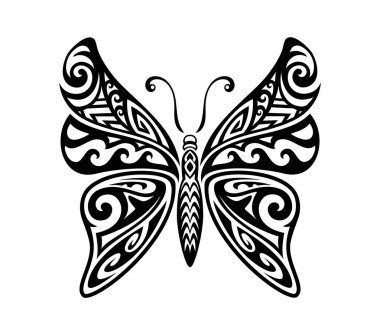 Süslü kanatlı bir kabile kelebeği dövmesi. Geleneksel vektör etnik süsü Polinezya sanatı ve Hawaii kültüründen esinlenerek, dönüşümün ve ruhani güzelliğin sembolü