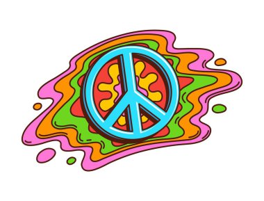 Barış Pasifik işareti funky groovy sembol ya da etiket. Çizgi film süper pasifik sembolü, izole vektör yaması. Hippi barış işareti garip renklerde sıvı su birikintisi trip etiketi veya çıkartması