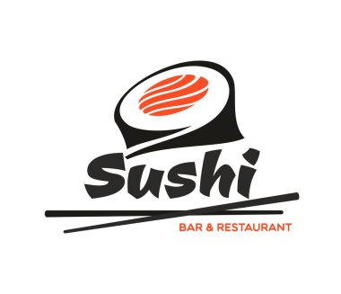 Geleneksel somon balığı suşi vektör ikonu, Japon restoran sembolü. Somon balıklı suşi rulosu ve yemek çubuğu içeren gösterişli vektör amblemi. Lokanta menüleri için siyah kırmızı sembol ve yiyecek dağıtım markası.