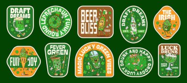 Patrick 'in İrlanda bayramı için hippi sticker' ları, vektör retro etiket yamaları. Y2K stiovy sticker 'lar, yeşil bira birası karakteri, çizgi film çöreği ve St. Patrick alıntılı yonca.