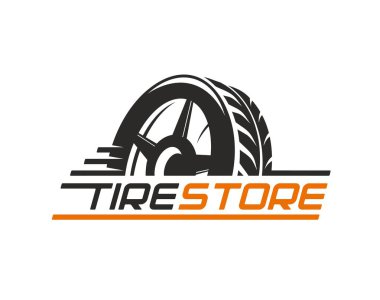 Tekerlek mağazası ikonu, kamyon lastiği ve tekerlek dükkanı servisi. Büyük tekerlek ve lastik silueti, dinamik hız çizgileri ve temiz tipografisi olan koyu renk bir otomotiv amblemi. Modern kamyon lastiği ve tekerlek dükkanı simgesi