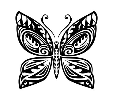 Yeni Zelanda Maori kabilesinin kelebek dövmesi ya da çıkartması. Samoalı savaşçı siyah işaret, Maori kültür vektör izi. Yeni Zelanda kabile motifi kelebek dövmesi ya da etnik soyut sembol