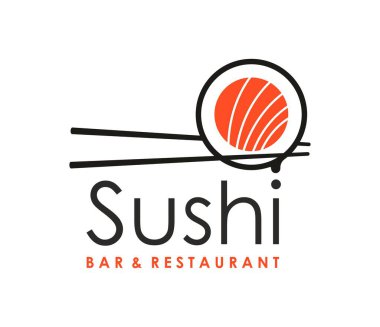 Geleneksel somon balığı suşi vektör ikonu, Japon restoran sembolü. Yuvarlak suşi yuvarlama ikonu yükselen güneşi sembolize ediyor iki çubukla kesişen. Restoran markası, Japon mutfağı ve mutfak sembolü.