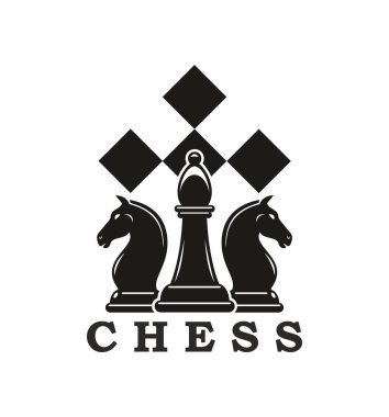 Satranç kulübü yarışması grafik ikonu ya da etiketi. Satranç tahtası yarışması amblemi, masa oyunu vektör işareti. Piskopos ve atların elmas desenli iş kulübü sembolü, stratejiyi sembolize ediyor.