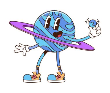 Uzay Gezegeni çizgi filminin harika ve komik karakteri. Galaksi keşfi hippi karakteri, kozmos keşif muhteşem vektör kişiliği. Astronomi uzay araştırması Mor yüzüklü şirin maskotlu mavi fantezi gezegeni