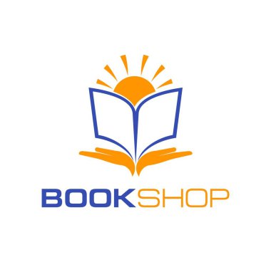 Book shop, store, education and handbook icon. Book shop graphic vector sign, literature store abstract emblem. Reading club or publisher company symbol or icon with human hands, opened book and sun