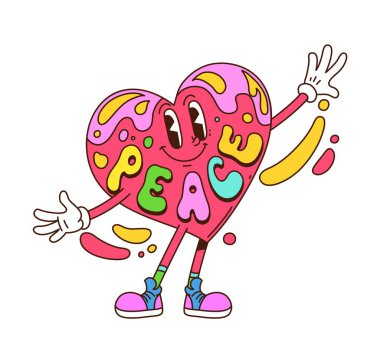 Çizgi filmlerdeki gibi havalı hippi tuhaf kalp krizi geçiren, huzur dolu sözcüğü ve gülüşü olan neşeli ve mutlu bir aşk, pozitiflik ve eğlence havası yakalayan bir karakter. İzole vektör şirin sevgililer günü kalp geriye dönük kişiliği