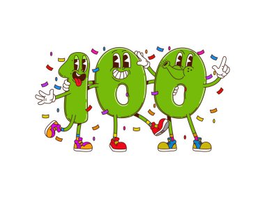 Çizgi film matematiği 100 numaralı karakter, okul eğitimi kişiliği. Oyuncu yeşil sayılar 1, 0 ya da 0 birlikte dans ediyorlar ve düşen konfeti altında sarılıyorlar, 100 haneli rakamlar yaratıyorlar.