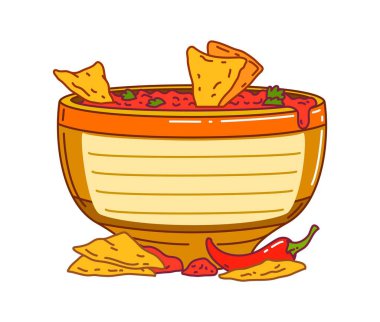 Meksikalı çocuklar üzerinde tortilla cipsi, ezilmiş patates cipsi, kırmızı biber ve bitkilerle çevrili bir karikatür kasesi olduğunu not ettiler. Tarif kartları için vektör boş etiketi veya şenlikli yemek notları