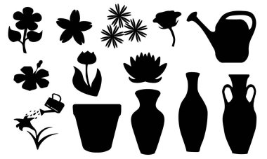 Çiçek Siluetleri ve Vazo Klibi the 124; Siyah Bahçe Simgeleri, Bitki Saksıları, Su Kutusu Vektörü, Çiçek Tasarım Elementleri, Dekoratif Sanat, DIY El Sanatları