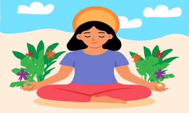Lotus Poz Yogası 'ndaki Kadın Meditasyonu Tropikal Yapraklar ve Güneş Arkaplanı Huzurlu Sağlık ve Sağlıklı Yaşam Tarzı Vektörü Grafiği Konsepti ile Uygulama