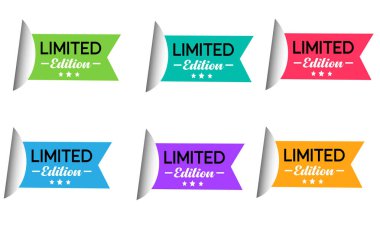 Bu resim, her biri eşsiz bir şekil ve beyaz harfle tasarlanmış, altı farklı renkli 'Limited Edition' satış etiketinden oluşan canlı bir çeşitliliği, maksimum beyaz bir zemin üzerinde sunar.